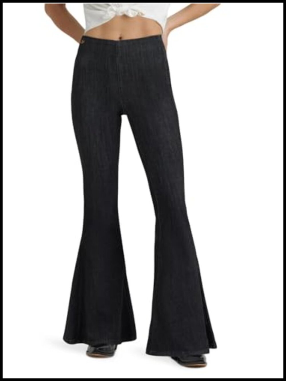 Pull On Bell Bottom Jeans High Rise Flared Slim Fit 1970s Style Casual